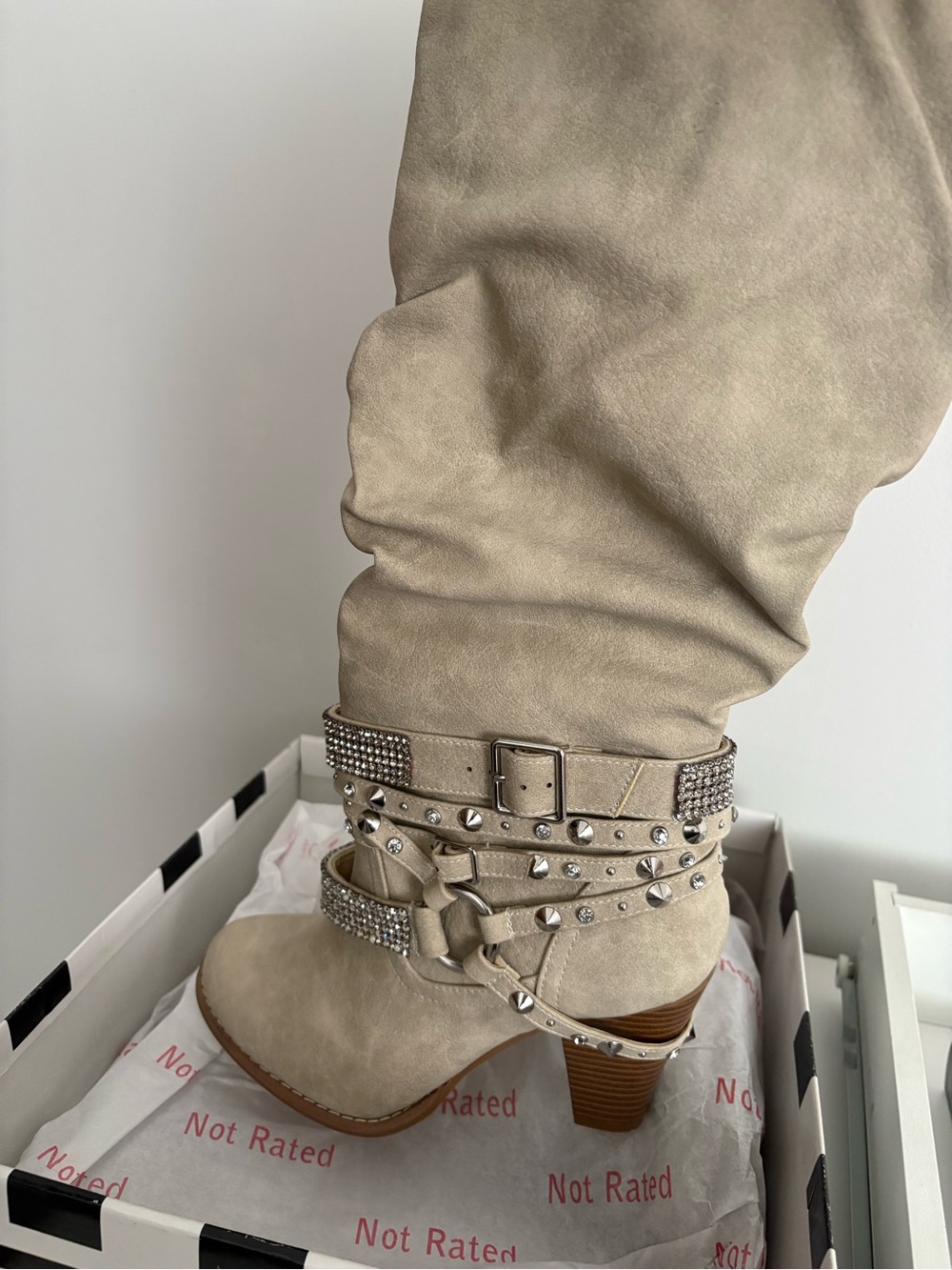 Not Rated Taupe Rhinestone-Embellished Slouch Heel Boot